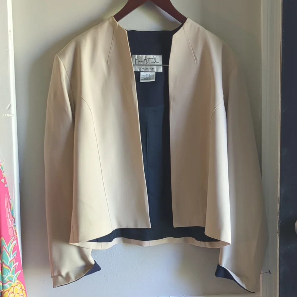 Mary McFadden Collection Dress 2 Piece Dress Suit Set 12 VTG Navy Neutral - Picture 11 of 11